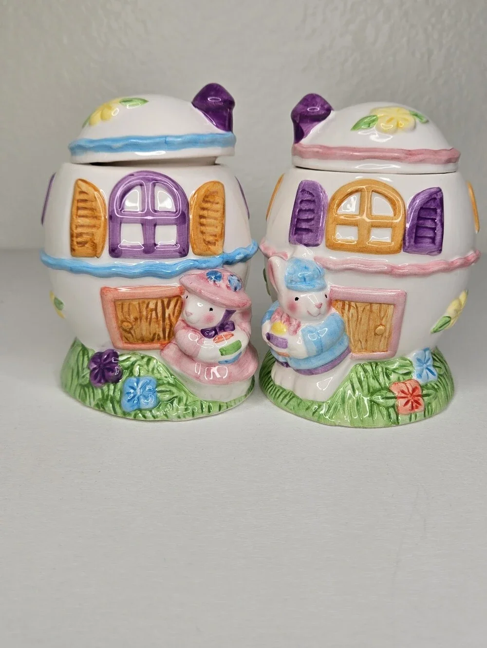 Ceramic Cottage Egg Bunny Girl and Boy Set‎ Easter Candy Jars VTG Whimsical
